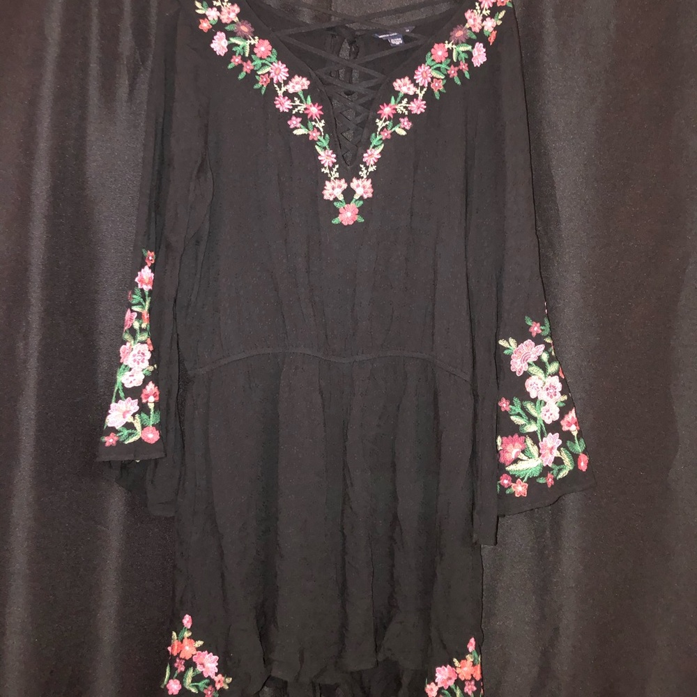 Floral Lace Up Bell Sleeve AE Romper